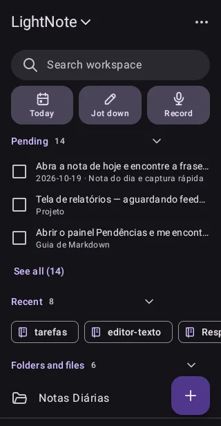 Tela inicial do app Android com pendências e recentes