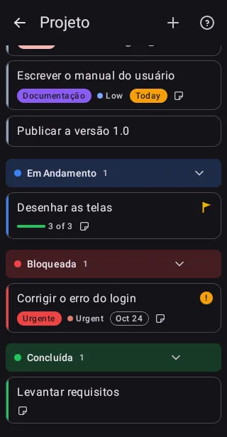 Quadro de tarefas no app Android