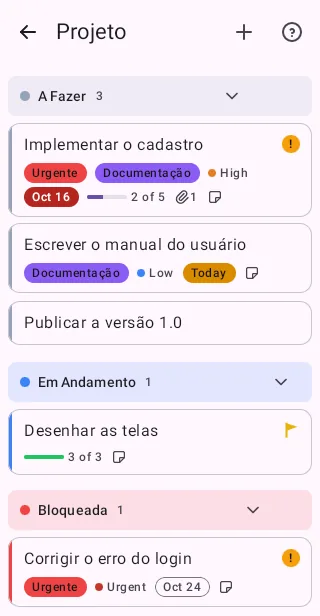 Quadro de tarefas no app Android