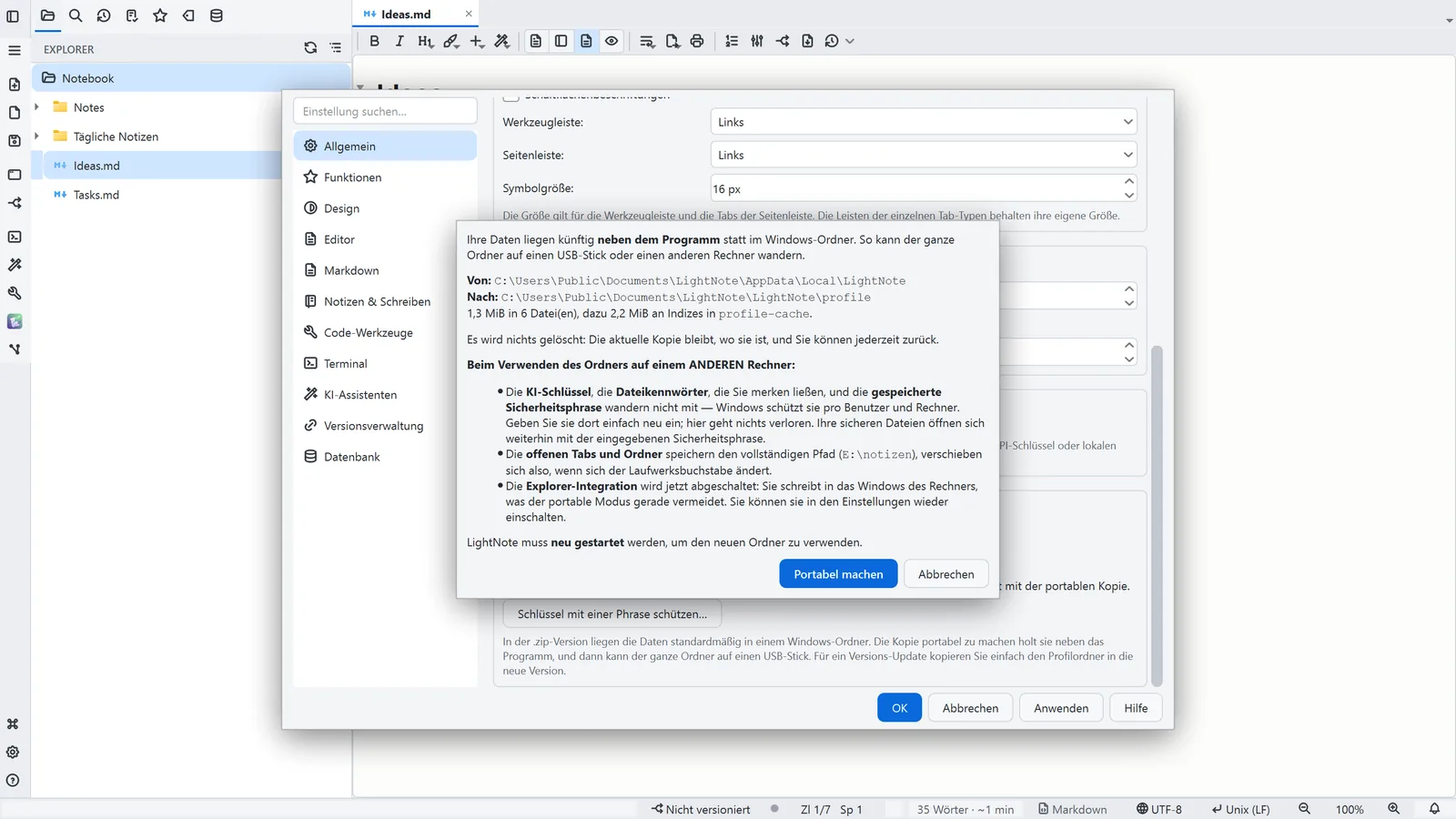 LightNote-Screenshot: Portabler Modus