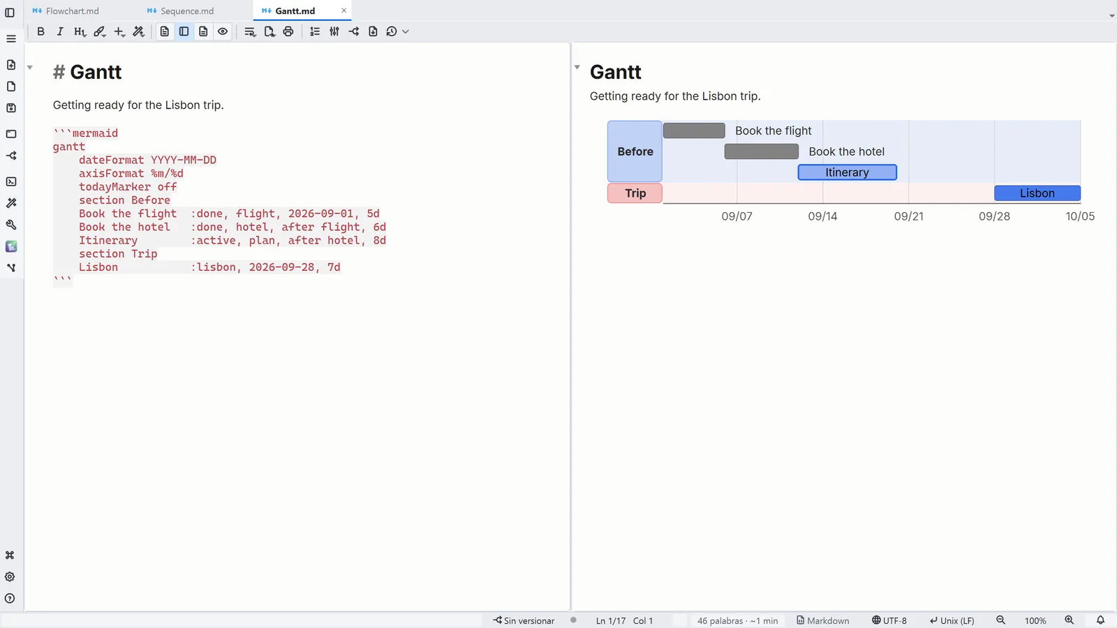 Captura de LightNote: Gantt: tareas en el calendario, por sección, con dependencias