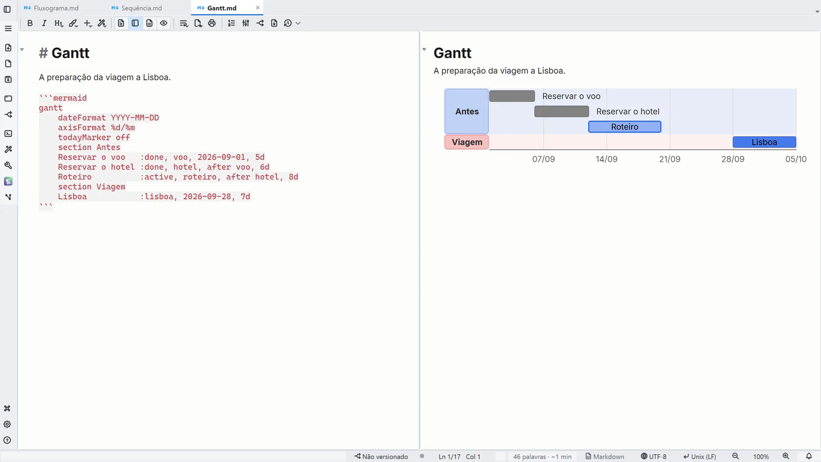 Print do LightNote: Gantt: tarefas no calendário, por seção, com dependências