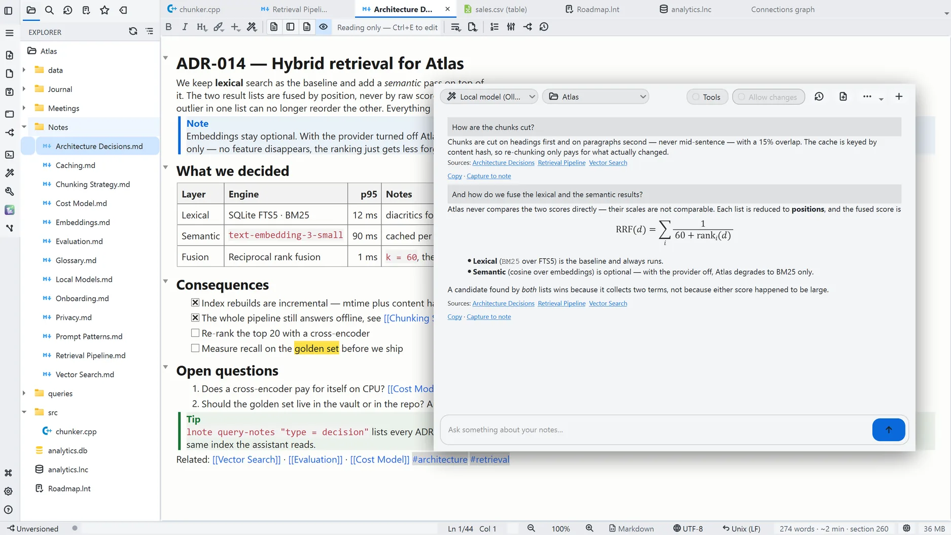 LightNote answering questions from local notes with cited sources in an assistant panel