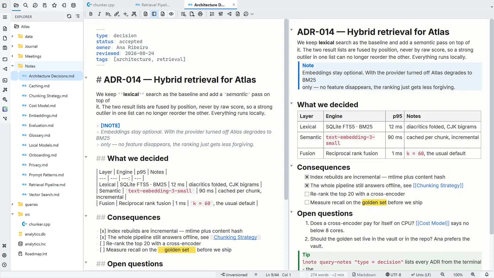 LightNote main window — Text editor + reading