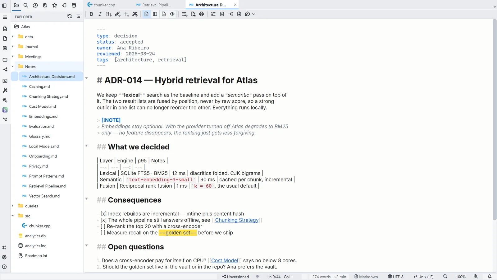LightNote main window — Text editor