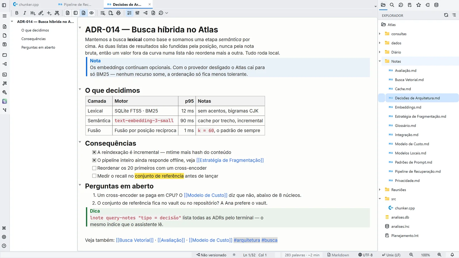 Tela principal do LightNote — Barra lateral: À direita
