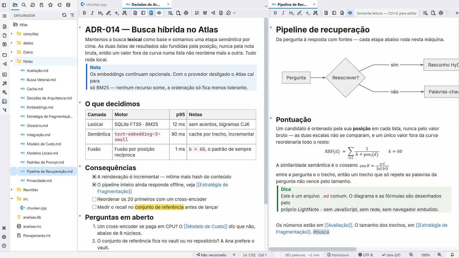 Tela principal do LightNote — 2 colunas